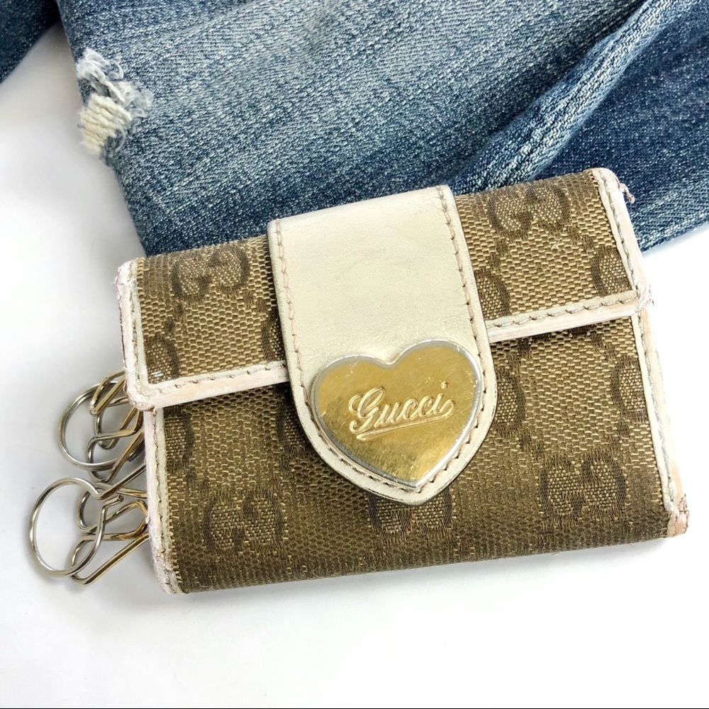 GUCCI Gold Heart Canvas Monogram Key Card Holder